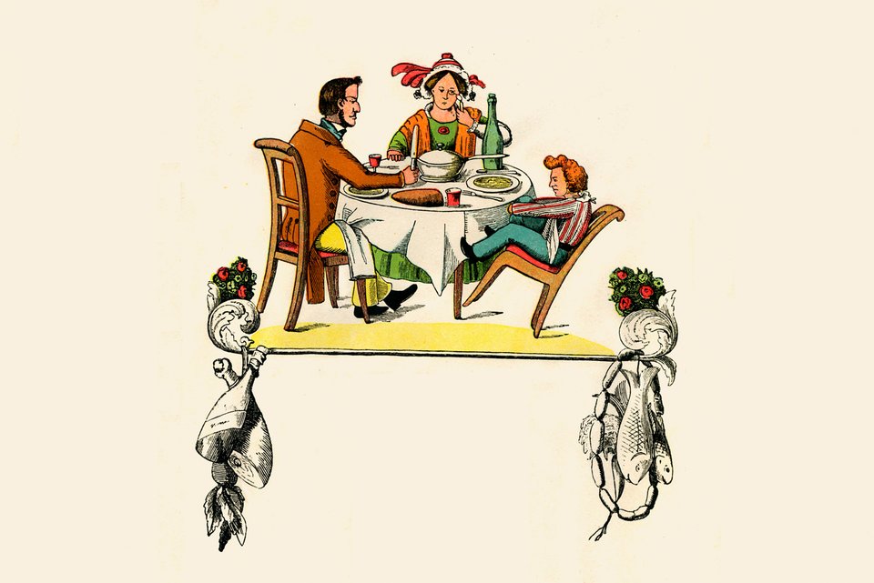 Die Illustration ist aus dem Kinderbuch "Struwwelpeter" und zeigt den Protagonisten, wie er mit dem Stuhl kippelnd am Esstisch mit seinen Eltern sitzt.