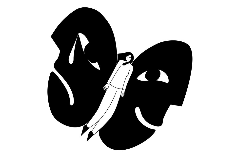 Die Illustration zeigt eine Frau als Schmetterling, mit zwei Flügelseiten, die eine Seite weint, die andere ist fröhlich