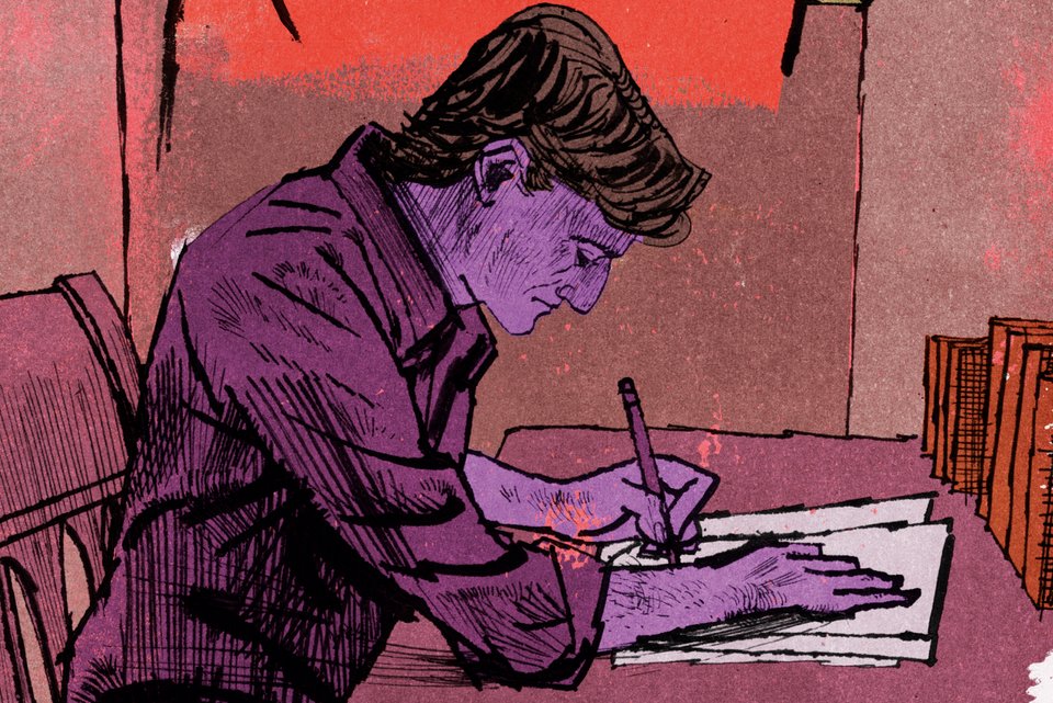 Die Illustration zeigt einen Mann, der mit einem Stift in der Hand schreibend am Tisch sitzt und über seine Vergangenheit schreibt