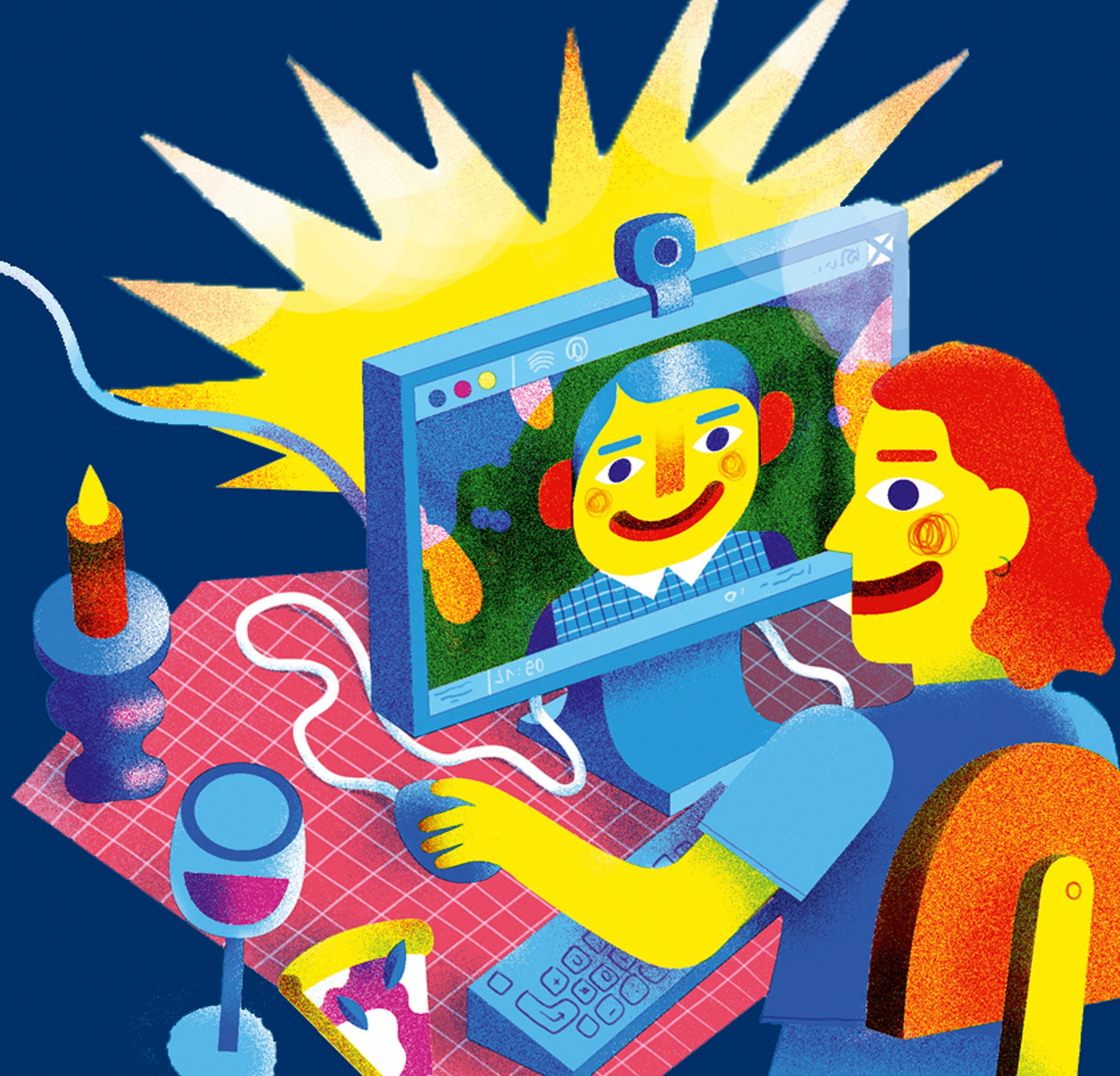 Die Illustration zeigt ein Paar beim romantischen Dinner vorm Computer, denn die beiden führen eine Fernbeziehung.