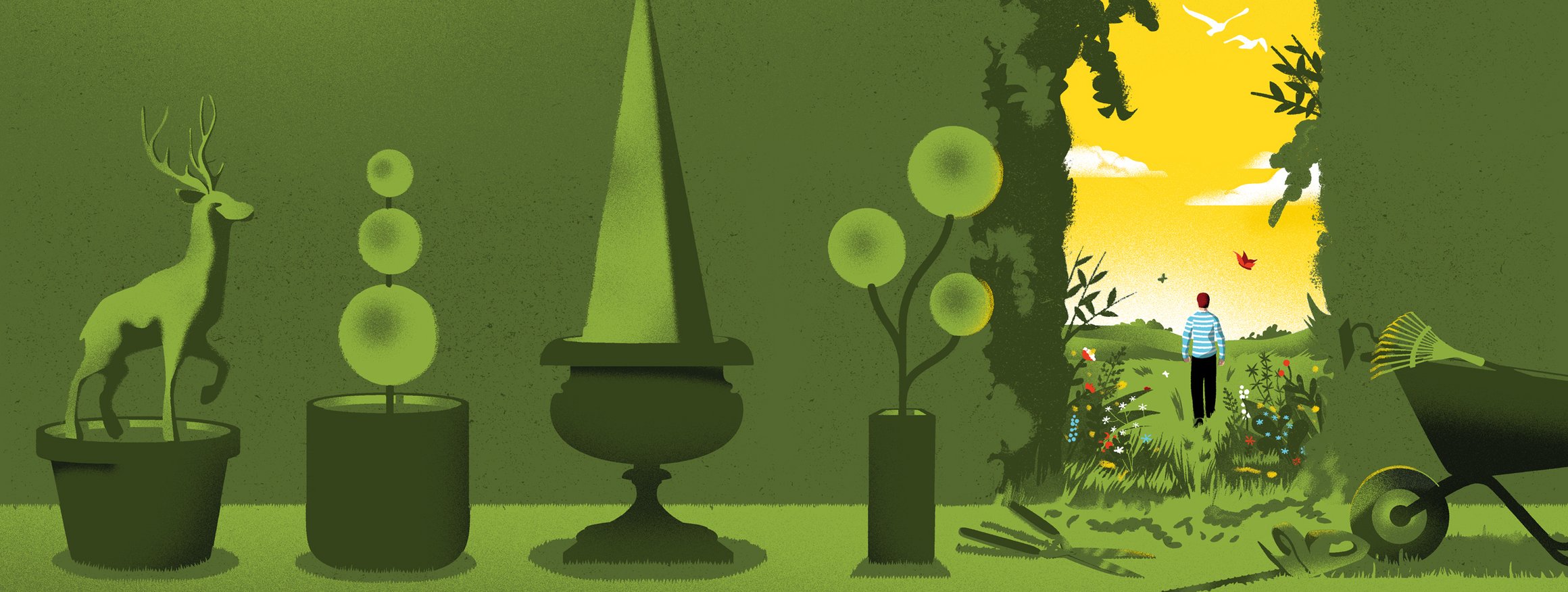 Die Illustration zeigt einen perfekt gestutzten Garten mit einer großen grünen Hecke. Darin ist ein Durchgang in die helle freie Natur, der mit einer Gartenschere herausgeschnitten wurde. Ein Mann geht hindurch auf die andere Seite.