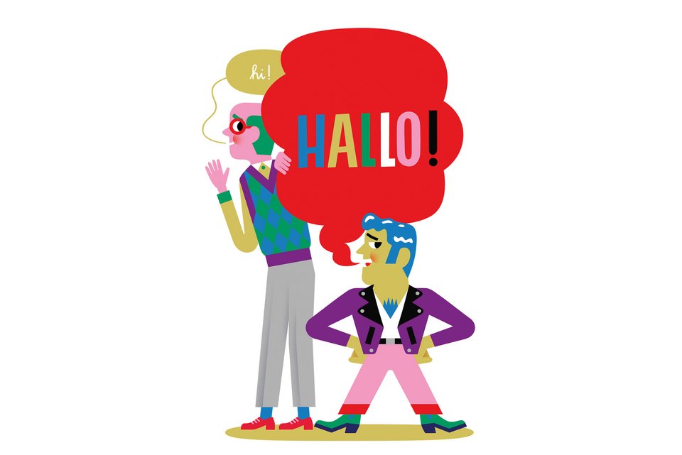 Die Illustration zeigt zwei Männer mit zwei Sprechblasen, die sich mit verschiedenen Worten begrüßen
