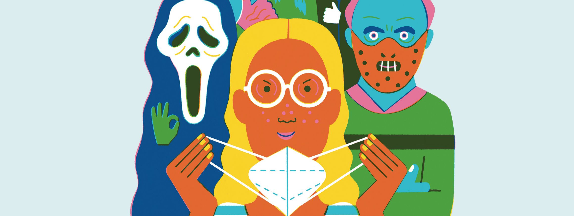 Die Illustration zeigt eine Frau mit einer Mund-Nasen-Maske, hinter ihr vier Personen mit verschiedenen Horror-Kostümen aus Filmen.