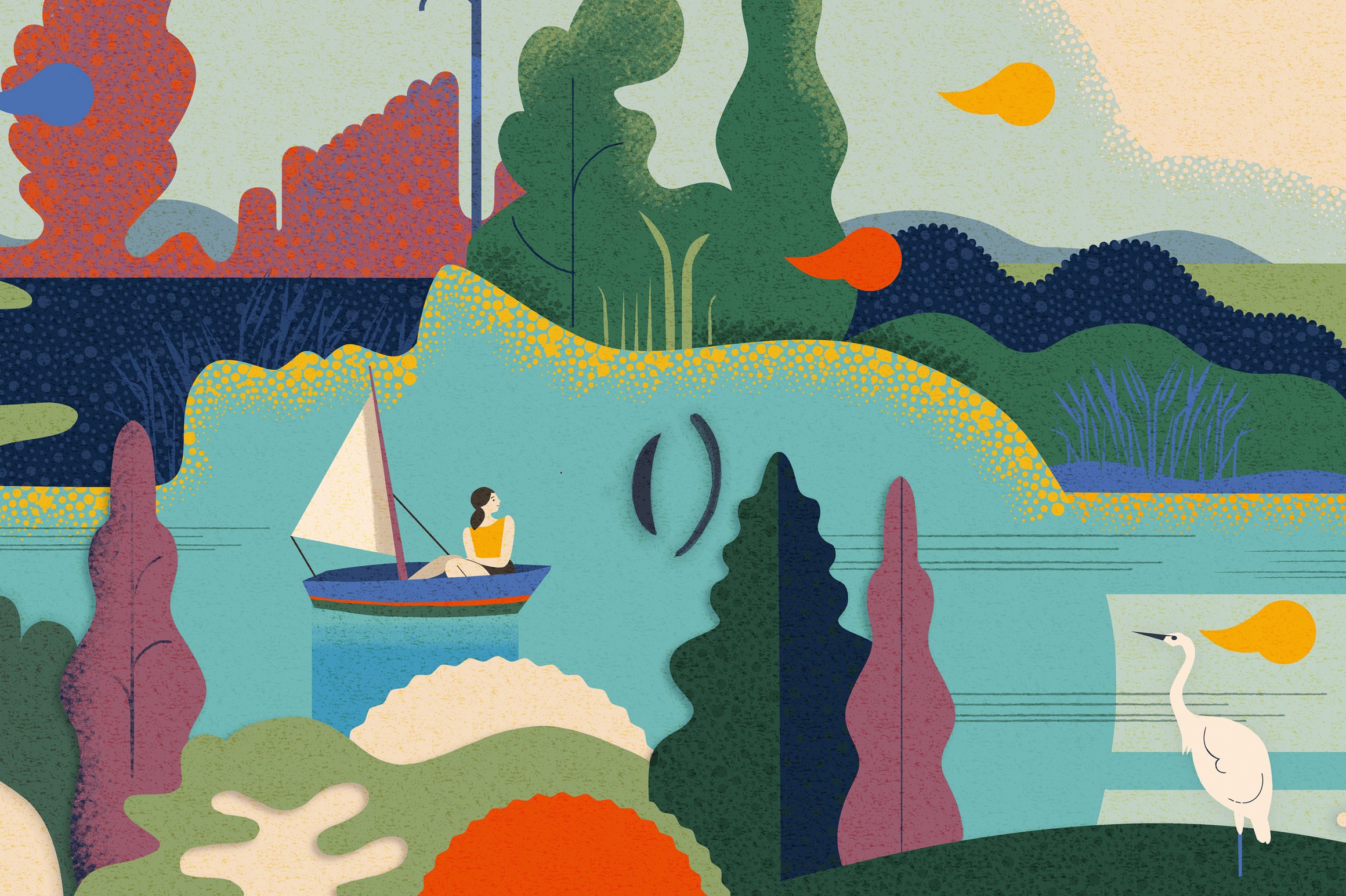 Die Illustration zeigt eine Frau, die auf einem Boot im Wasser unterwegs ist. Um sie herum sieht man eine blühende Natur.
