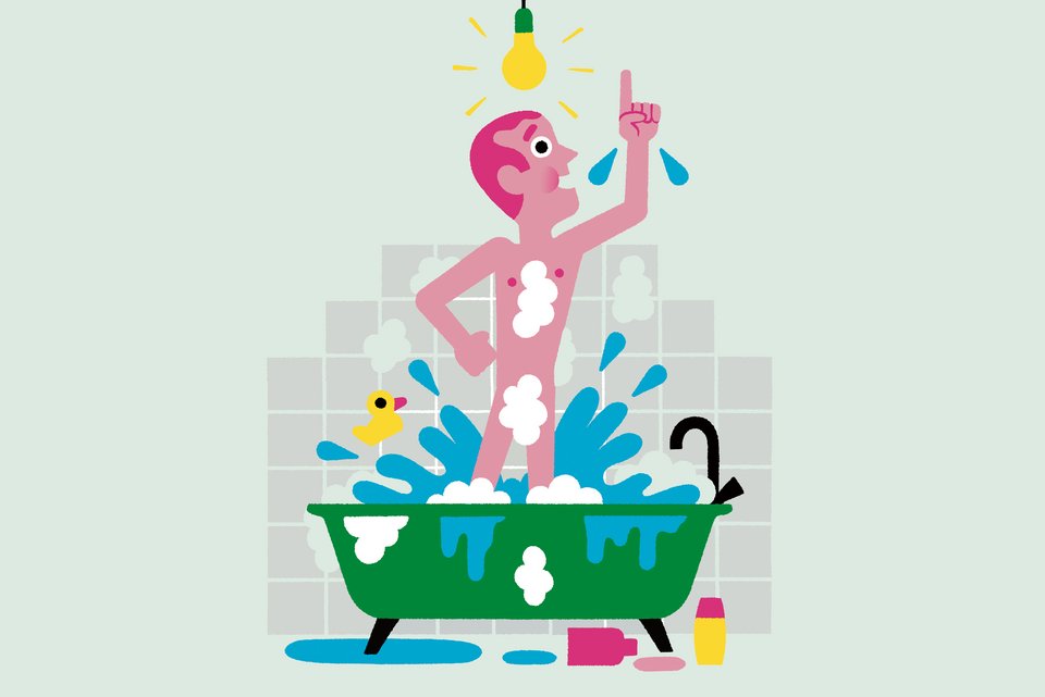 Die Illustration zeigt einen Mann stehend in der Badewanne, über ihm leuchtet eine Glühbirne