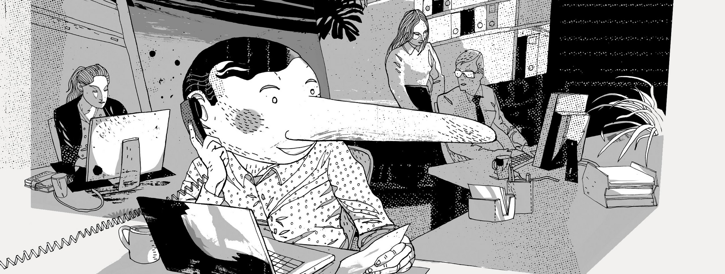 Die Illustration zeigt einen Mann im Großraumbüro vor seinen Laptop und das Telefon am Ohr und hat dabei eine sehe lange Nase vom Lügen
