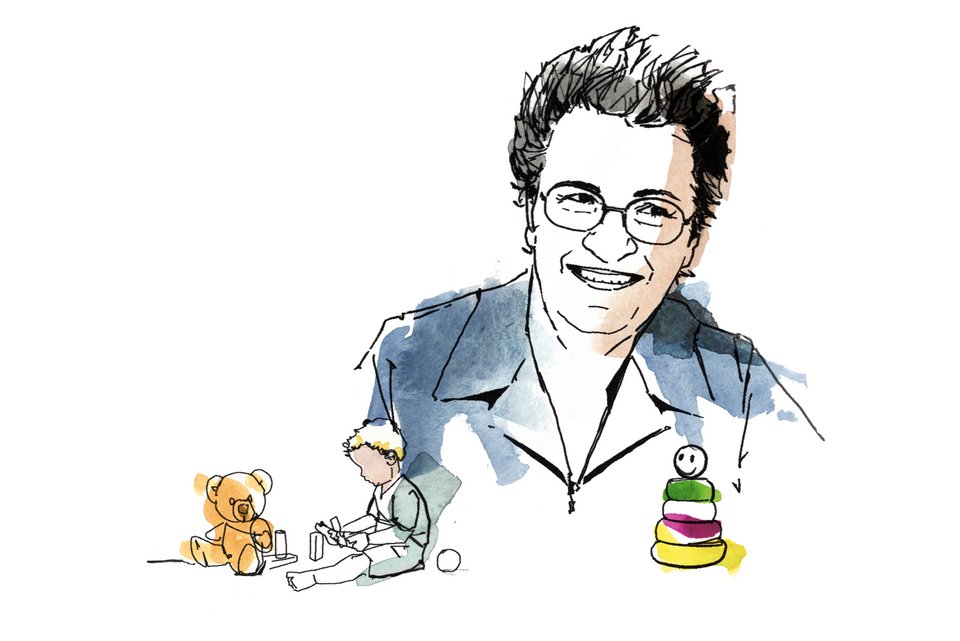 Die Illustration zeigt die Entwicklungspsychologin, Mary Ainsworth, zusammen mit einem Kleinkind, das gerade auf dem Boden sitzt und spielt