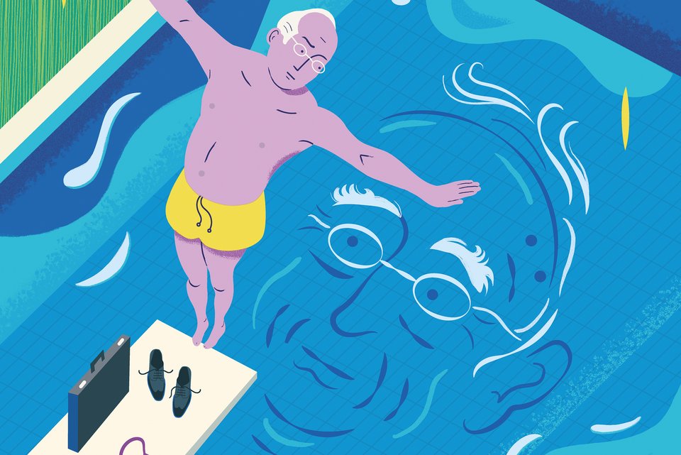 Die Illustration zeigt einen Rentner in gelber Badehose auf dem Sprungbrett, daneben ist die Kleidung, Schuhe und der Aktenkoffer, und setzt zum Sprung an, während auf dem Wasser des Pools die Umrisse seines Gesichts zu sehen ist