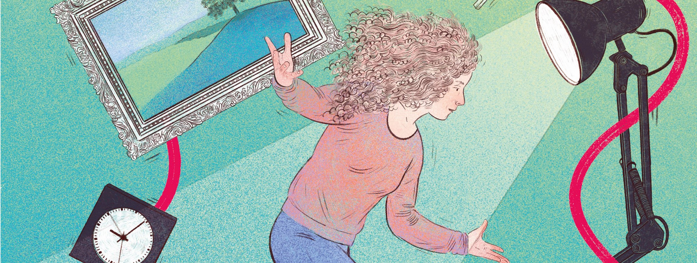 Die Illustration zeigt eine Frau, die schwebt, dahinter hängt ein Bild schief an der Wand und eine Uhr und eine Stehleuchte