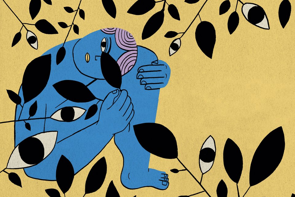 Die Illustration zeigt eine blaue Person auf dem Boden sitzend, die Hände um die Beine geschlungen, die schüchtern schaut und umringt ist von Pflanzen, deren Blätter aus Augen bestehen