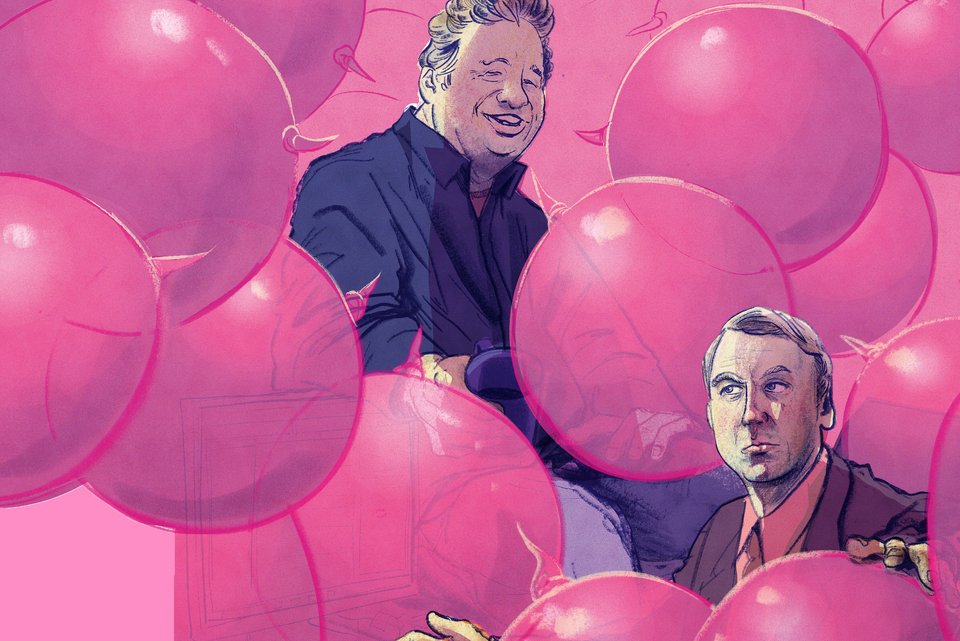 Die Illustration zeigt zwei Männer inmitten von pinkfarbenen Luftballons, während einer der Männer den anderen zutextet