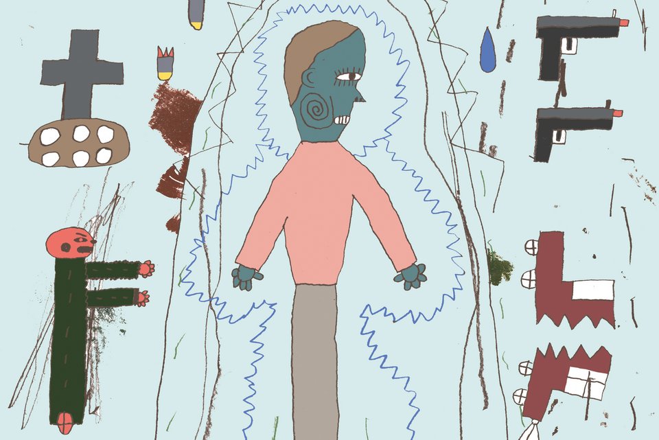 Die Illustration zeigt eine Person, die umringt ist von einem Grabkreuz, Pistolen und anderen negativen Symbolen