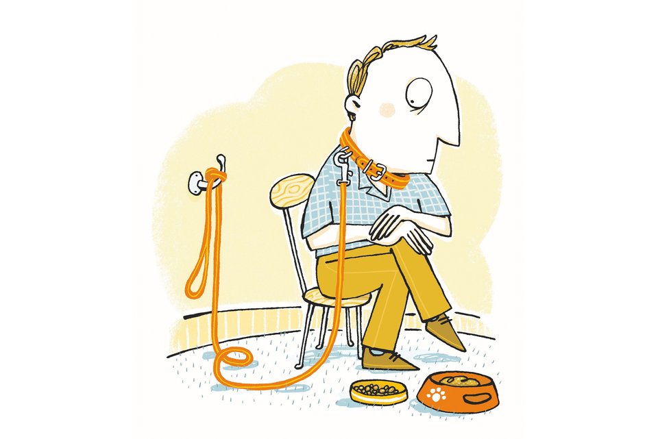 Die Illustration zeigt einen Mann der auf einem Stuhl sitzt und ein Hundehalsband und Hundeleine trägt, davor stehen Hundefressnäpfe