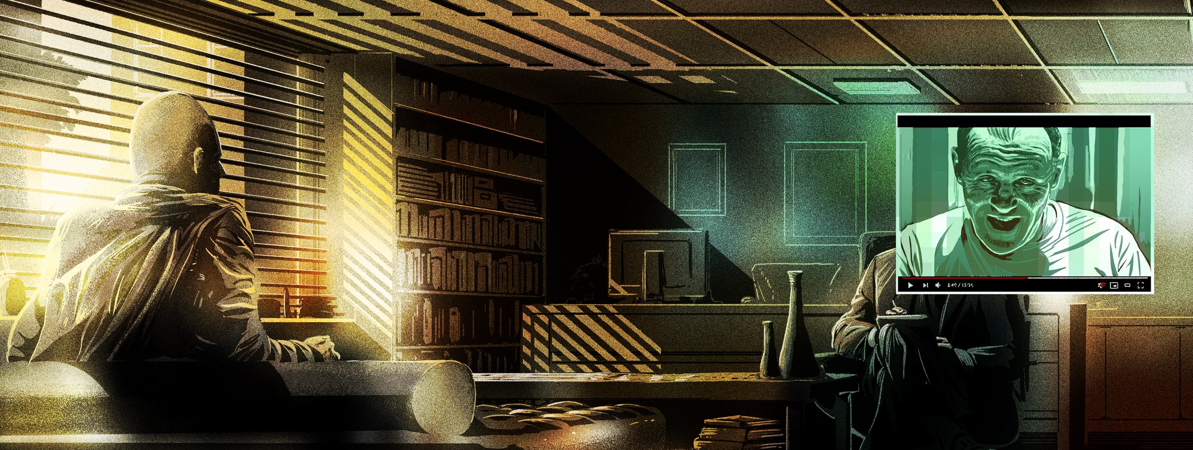 Die Illustration zeigt einen Klienten bei seinem Therapeuten in einem dunklen Raum, wobei der Therapeut aussieht wie Hannibal Lecter aus dem Kinofilm
