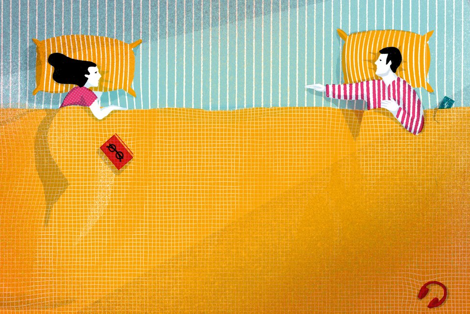 Die Illustration zeigt ein Paar, das weit voneinander entfernt im Bett liegt, während er sehnsuchtsvoll den Arm nach ihr streckt