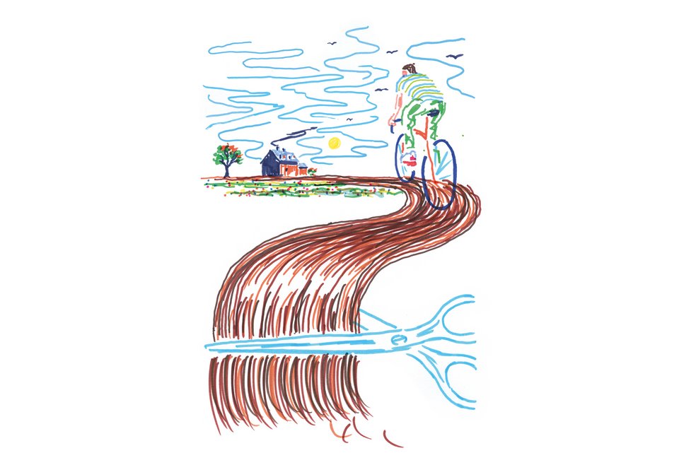 Die Illustration zeigt einen Radfahrer der auf einem Radweg aus Haaren fährt und eine Schere schneidet die Spitzen ab