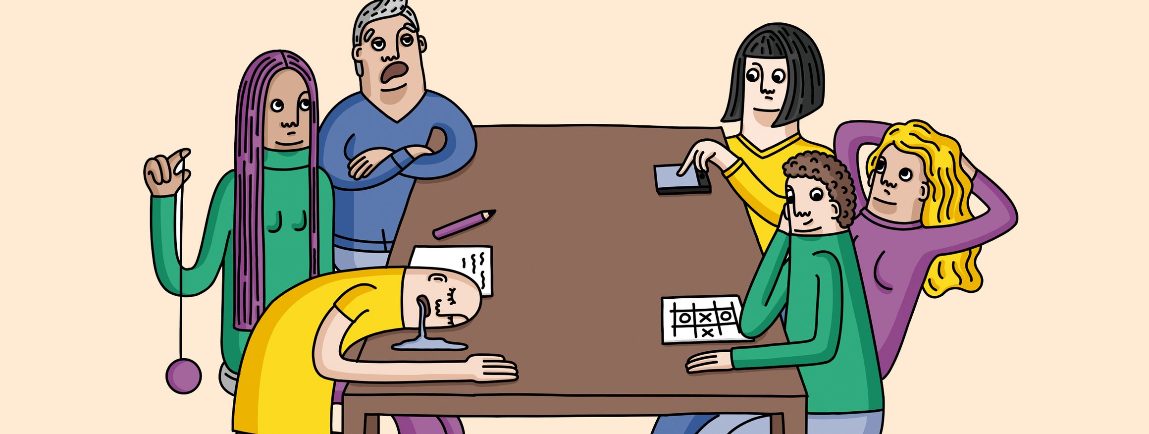 Die Illustration zeigt eine Gruppe von Personen bei einem Meeting an einem Tisch und alle langweilen sich