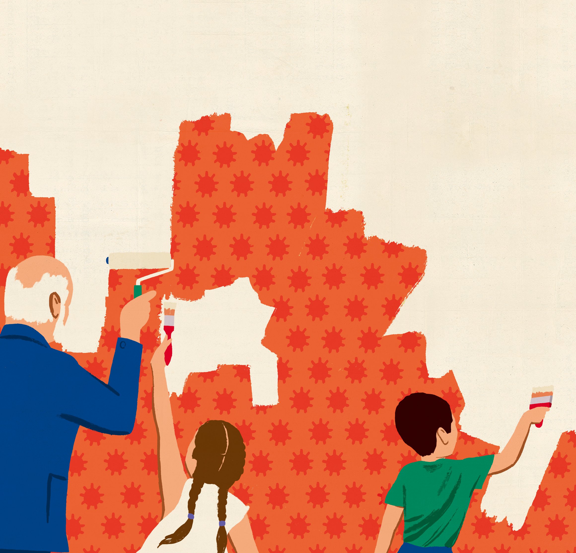Die Illustration zeigt eine Familie, die eine Wand streicht