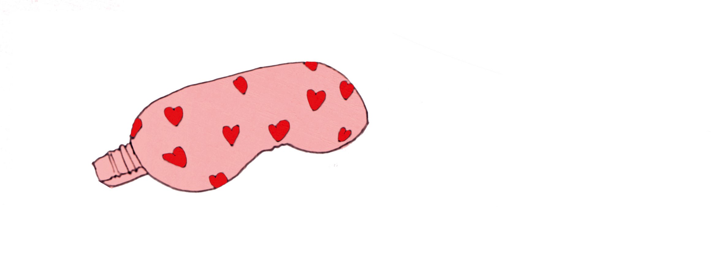 Die Illustration zeigt eine rosa Schlafbrille mit kleinen roten Herzen darauf