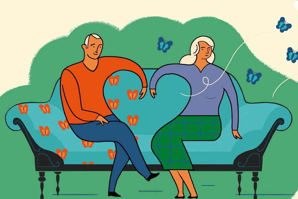 Die Illustration zeigt ein Paar auf einem Sofa mit Schmetterlingen, die davon fliegen
