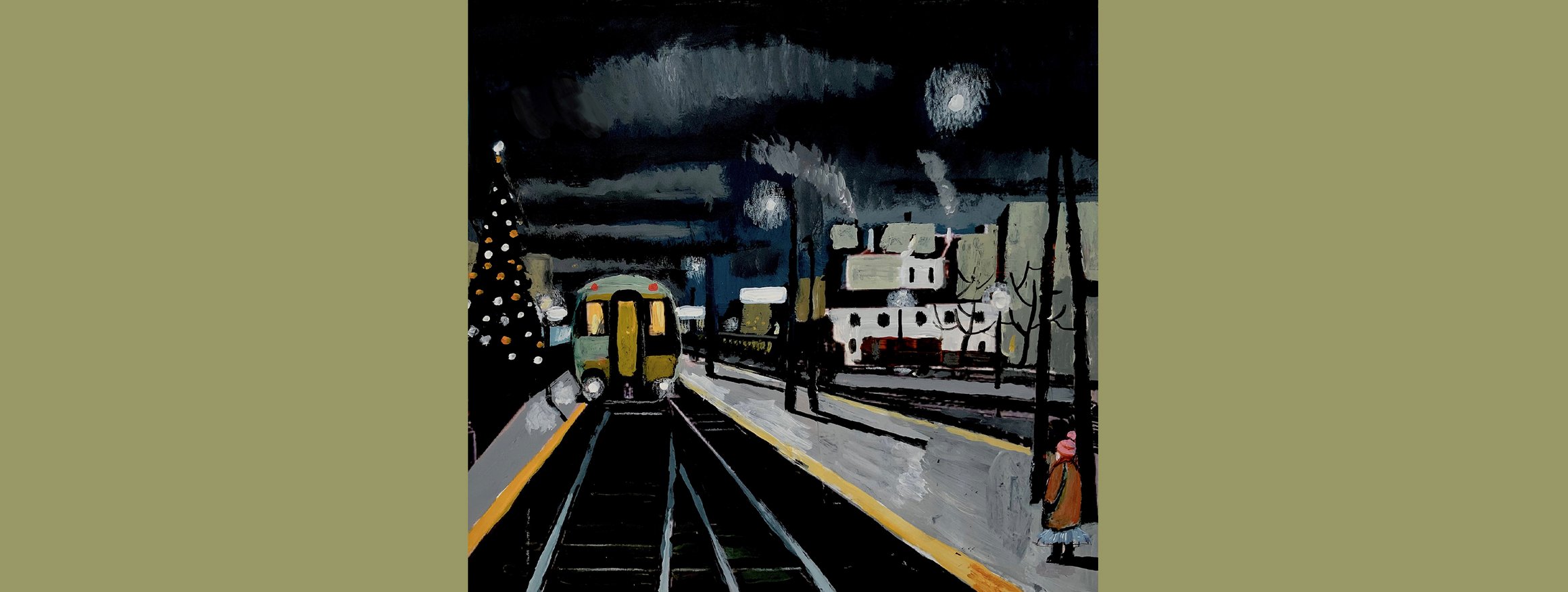 Die Illustration zeigt einen Bahnsteig mit Zug, auf dem ein Kind steht, daneben ist ein Weihnachtsbaum 