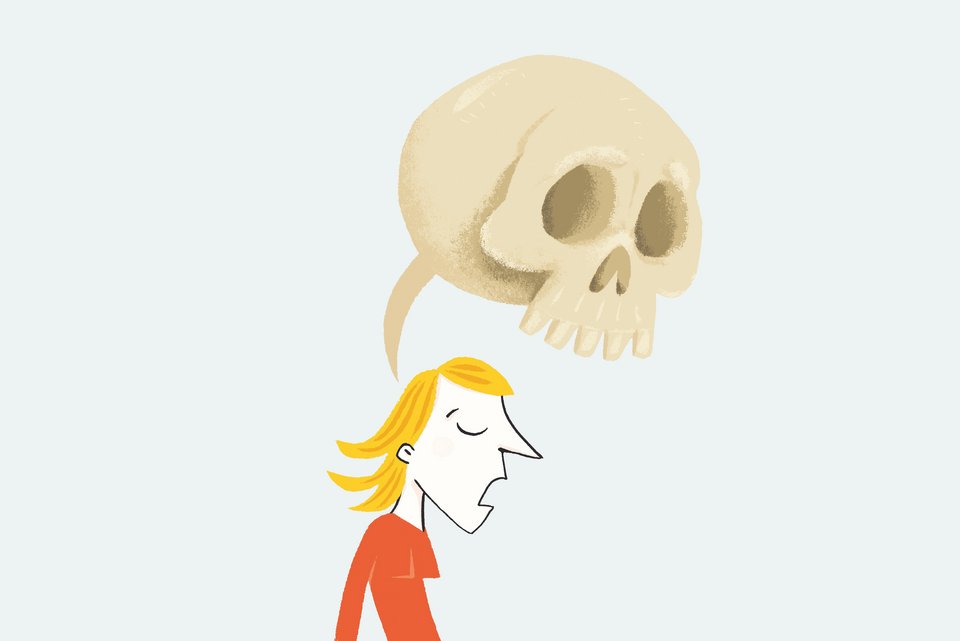 Die Illustration zeigt eine Frau mit einer Sprechblase in Form eine Totenkopfes über sich, die von Schuldgefühlen geplagt ist, da sie vor dem Tod ihres Onkel nicht mehr mit ihm reden konnte.