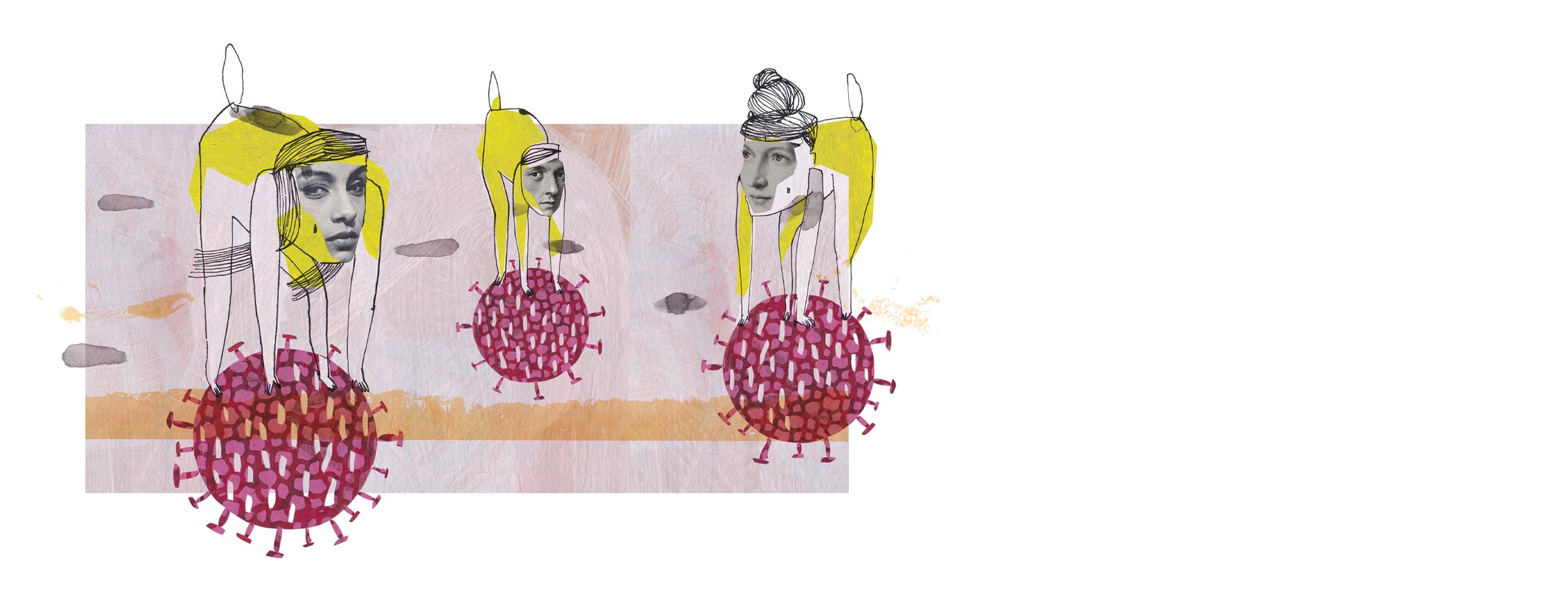 Die Illustration zeigt drei Tierkörper mit Menschenköpfen, die auf Coronaviren stehen