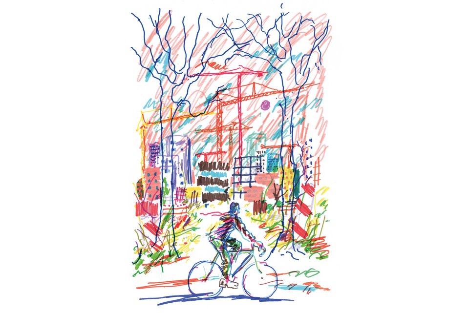 Die Illustration zeigt einen Radfahrer vor einer Stadtkulisse mit Häusern, Baukränen und Bäumen