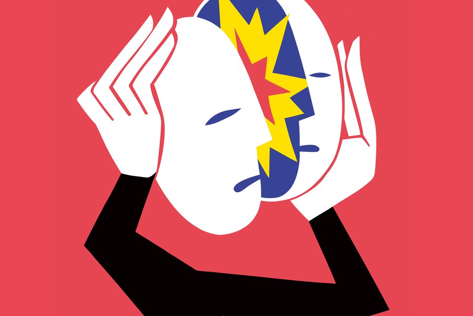 Die Illustration zeigt eine Person, die mit beiden Händen ihren vor Schmerz zerbrechenden Kopf hält