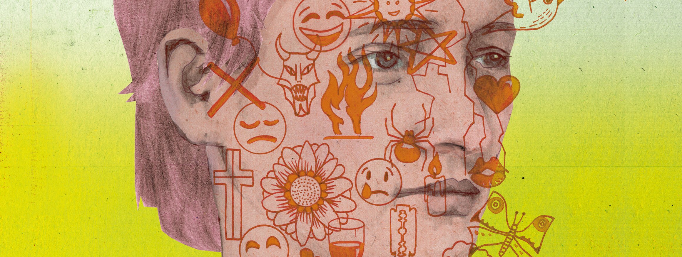 Die Illustration zeigt eine Frau mit Zeichnungen im Gesicht, die ihre vielen Gefühle zeigen