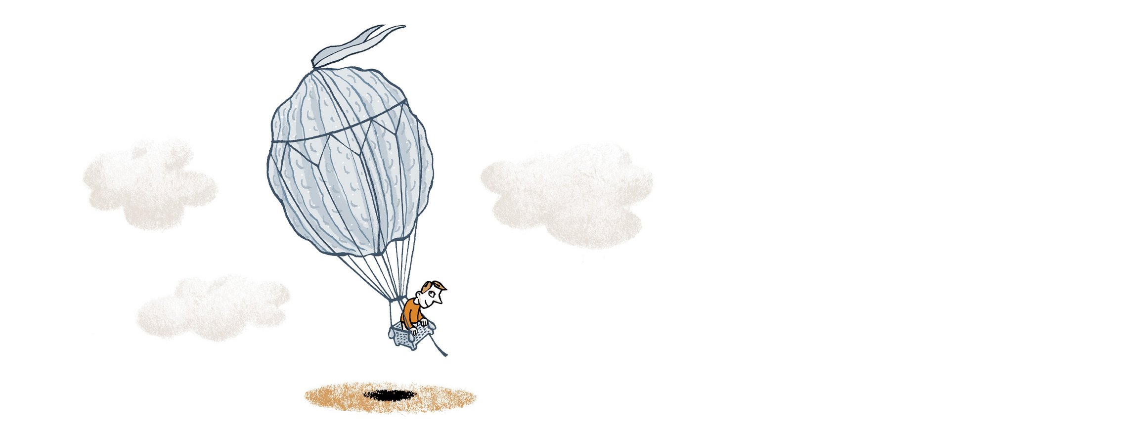 Die Illustration zeigt einen Mann in einem Heißluftballon in Form einer Walnuss