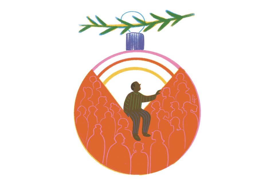 Die Illustration zeigt einen Mann, der in einer Christbaumkugel sitzt, die an einem Tannenzweig hängt