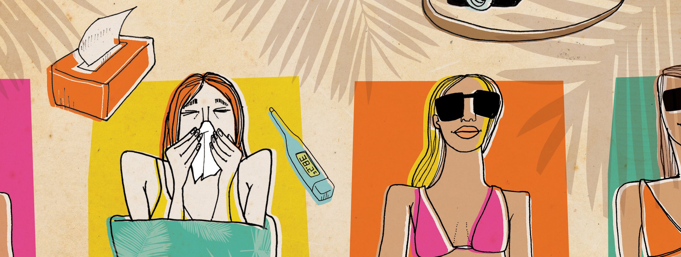 Die Illustration zeigt eine Frau, die am Strand liegt, aber offensichtlich krank ist.