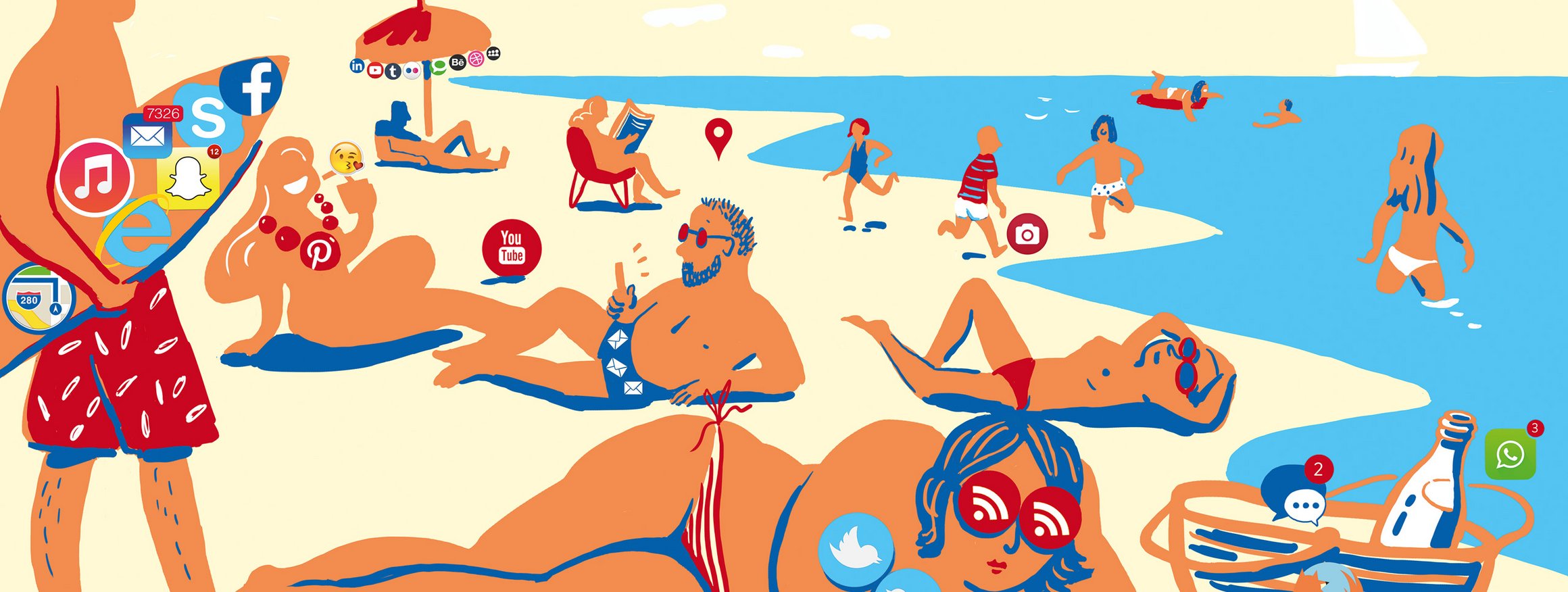 Die Illustration zeigt Menschen am Strand sitzend, liegend oder im Meer badend.