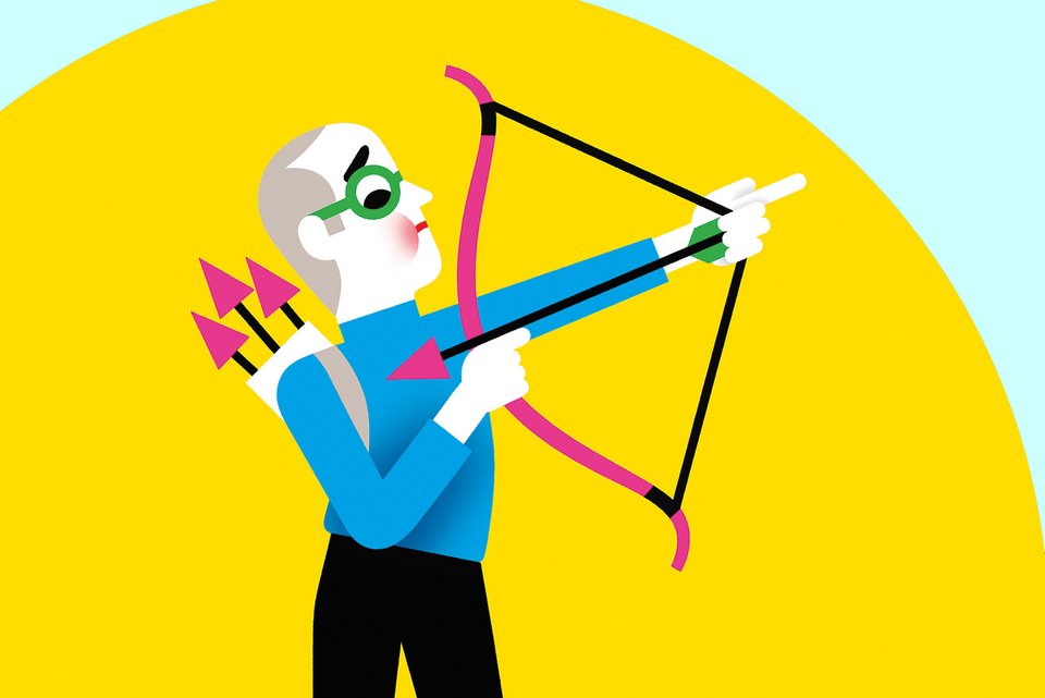 Die Illustration zeigt einen Mann mit Brille, der Pfeil und Bogen in der Hand hält mit dem Pfeil gegen sich selbst gerichtet