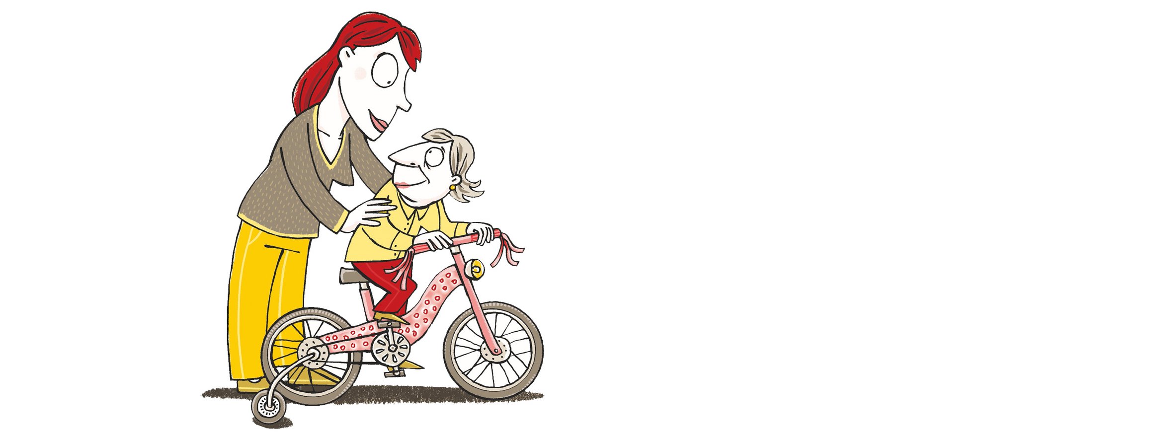 Die Illustration zeigt eine Frau, die ihrer Mutter, die auf einem Fahrrad mit Stückrädern sitzt, wie ein Kleinkind helfend beisteht