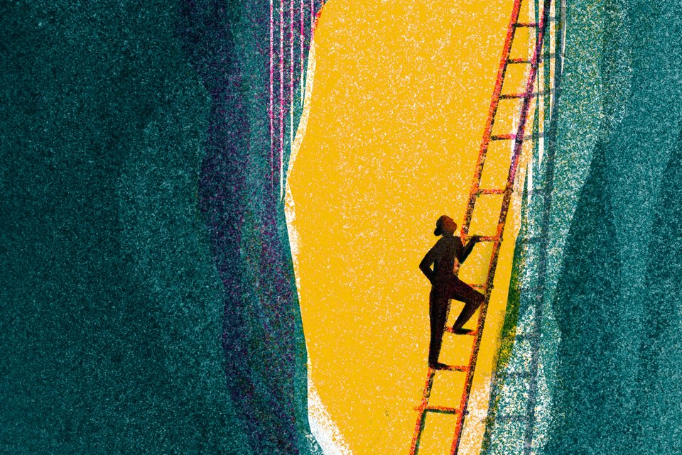 Die Illustration zeigt eine Frau, die aus einer tiefen Schlucht auf einer Leiter hinauf klettert auf den Gipfel