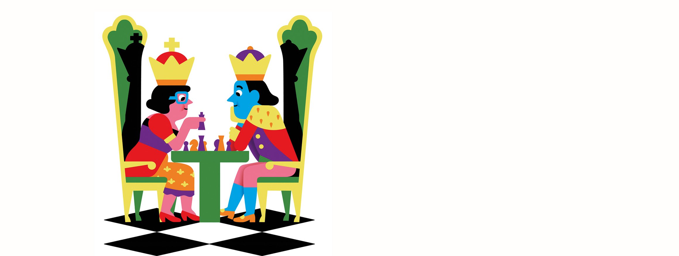 Die Illustration zeigt eine Königin und einen König beim Schachspiel