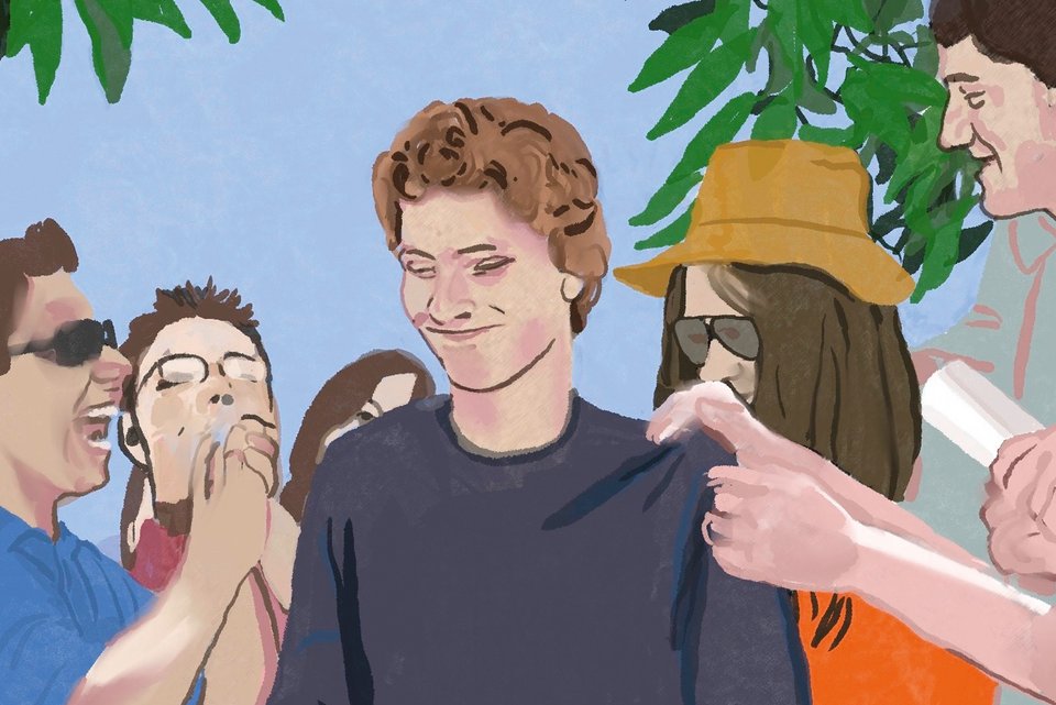 Die Illustration zeigt einen jungen Mann, der gequält lächelt, umringt von mehreren fröhlichen Menschen