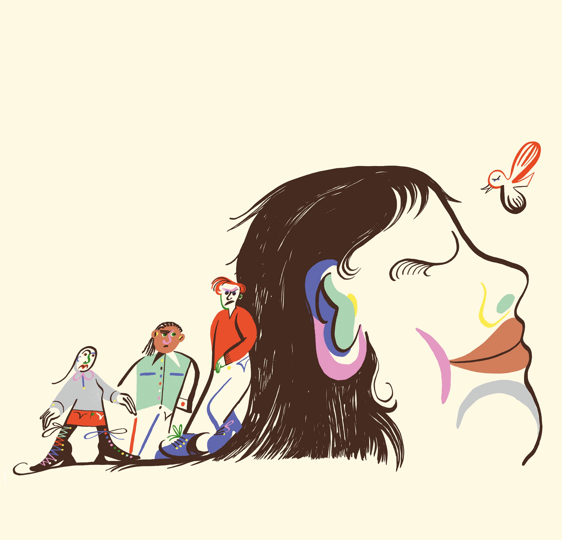 Die Illustration zeigt den Kopf einer Frau, die lächelt. Und das obwohl ihr drei schlechtgelaunte Menschen wortwörtlich im Nacken sitzen.