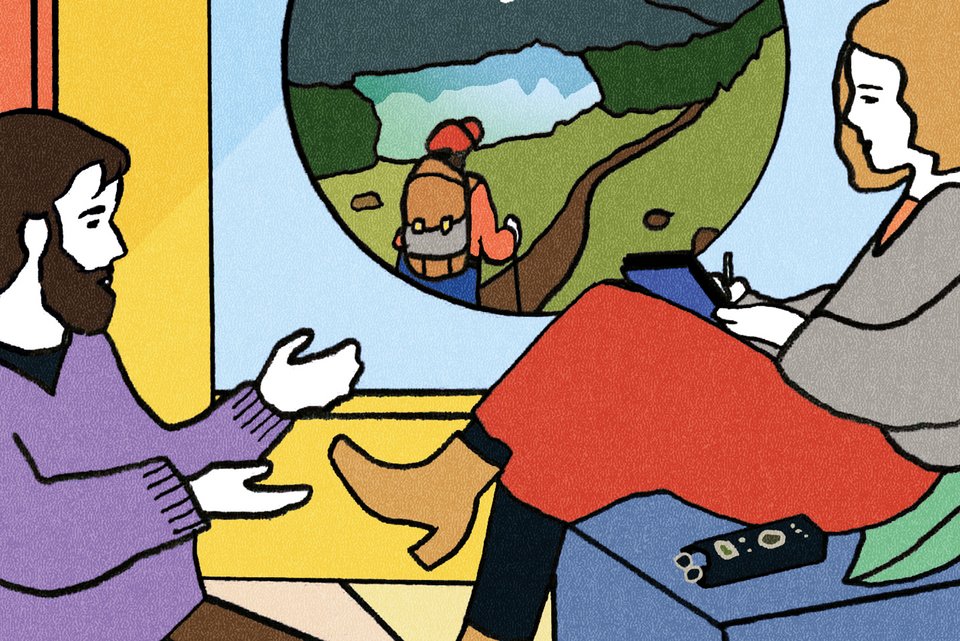 Die Illustration zeigt eine Therapeutin mit ihrem Patienten, dahinter ein Ausblick auf eine Landschaft in der eine Person mit Rucksack, Kappe und Stöcken wandert
