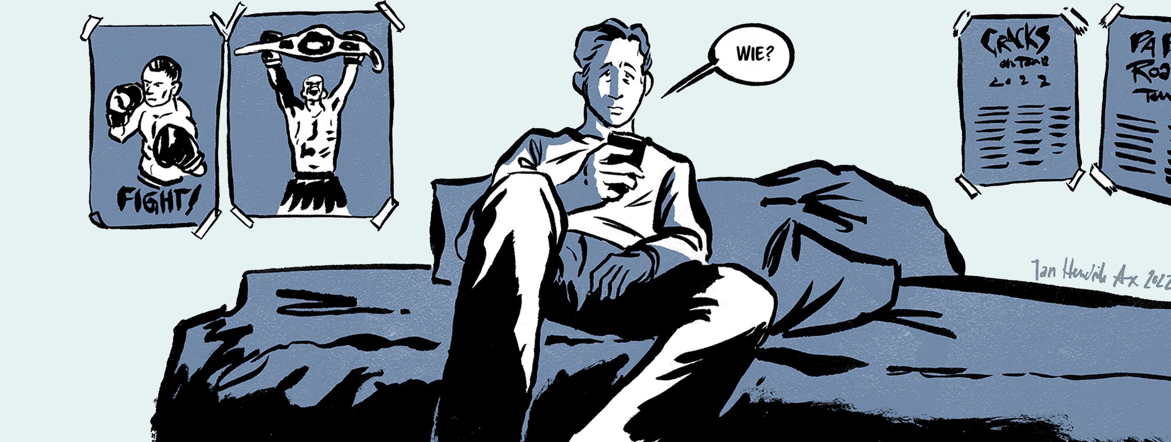 Die Illustration zeigt einen jungen Mann sitzend auf einem Sofa mit einem Smartphone, ratlos schauend, und hinter ihm hängen Poster von Boxstars
