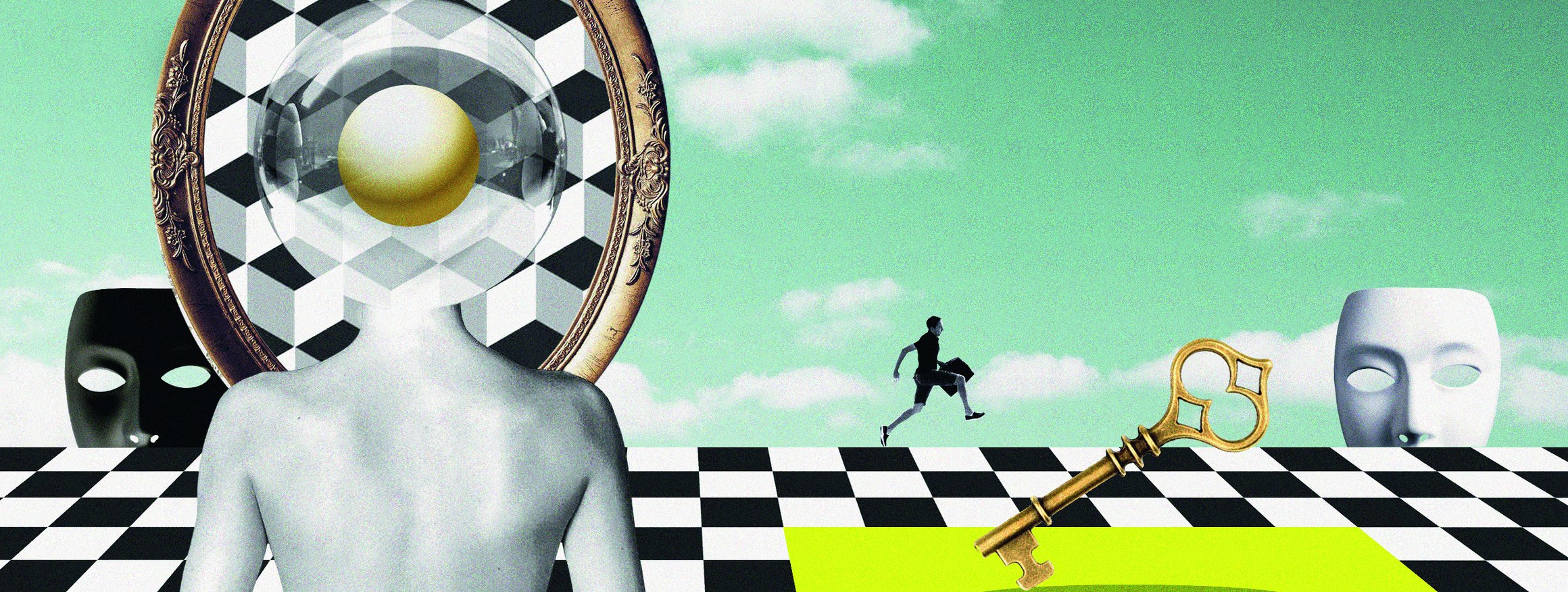 Die Illustration zeigt eine surrealistische Umgebung. Ein Körper ist von hinten zu sehen, dessen Kopf eine Luftblase zeigt, die sich in einem Spiegel verliert. Auf dem Schachbrett im Hintergrund springt ein Mensch, zwei Masken erscheinen am Rand.