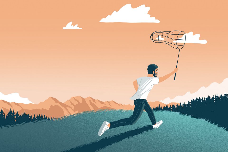 Die Illustration zeigt einen jungen Mann mit Bart, weißen T-Shirt, Jeans und Sneakers, der auf einer Wiese läuft und versucht, eine Wolke mit einem Kescher zu fangen