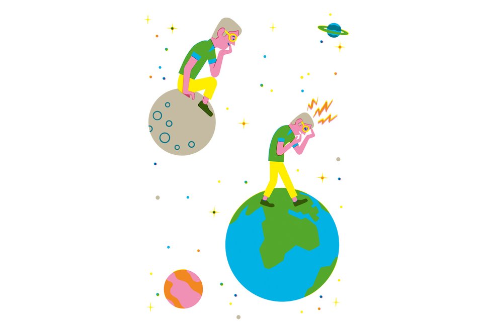 Die Illustration zeigt eine Person auf zwei Planeten, in jeweils anderen Gefühlszuständen