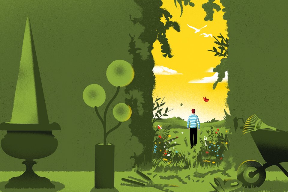 Die Illustration zeigt einen perfekt gestutzten Garten mit einer großen grünen Hecke. Darin ist ein Durchgang in die helle freie Natur, der mit einer Gartenschere herausgeschnitten wurde. Ein Mann geht hindurch auf die andere Seite.
