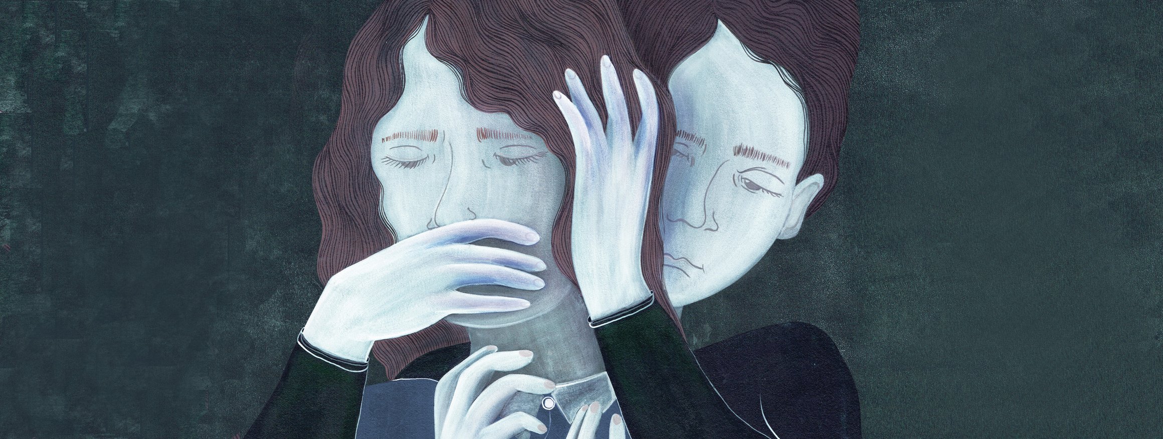 Die Illustration zeigt einen Bruder, der seine Schwester körperlich bedrängt und zum Schweigen nötigt