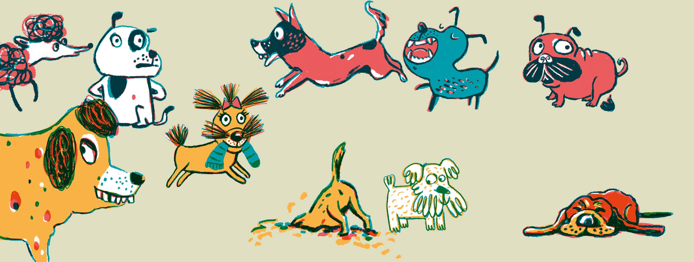 Die Illustration zeigt verschiedene Hunderassen, die mit einander rumtollen
