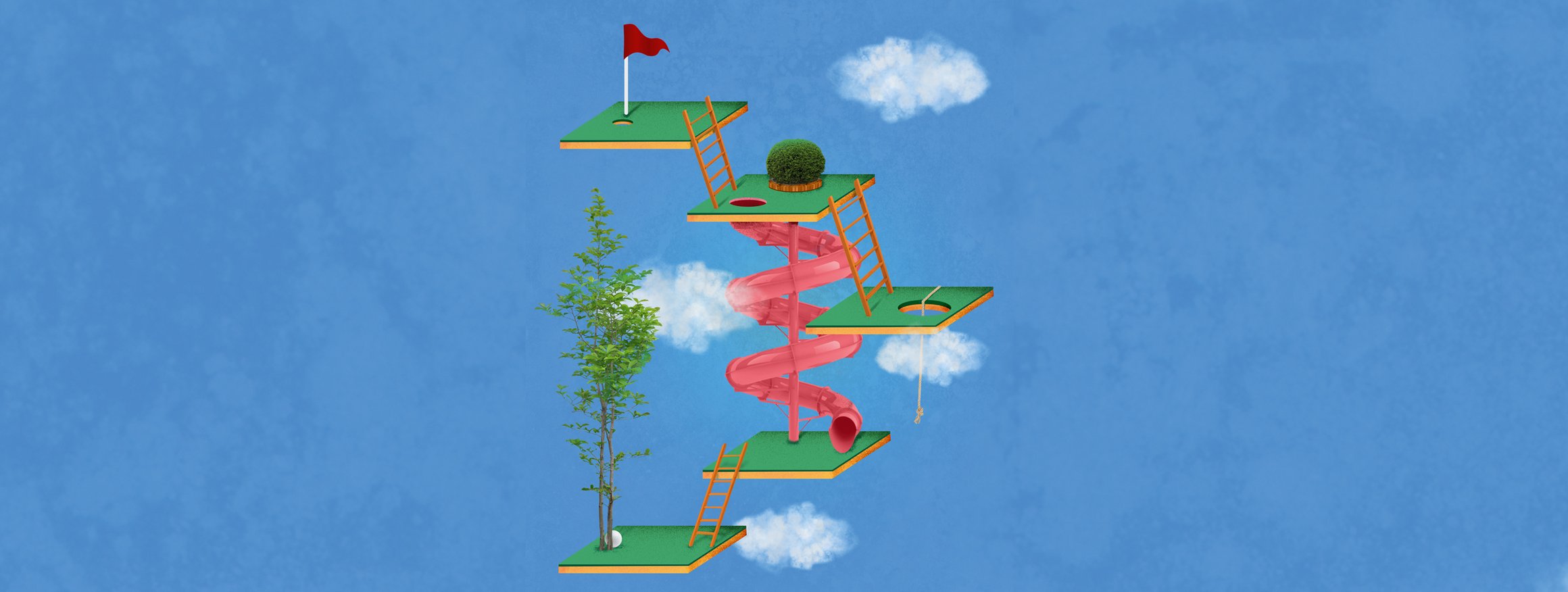 Die Illustration zeigt einen kleinen Golfplatz in Etappen als Stufenleiter, die im Himmel schwebt