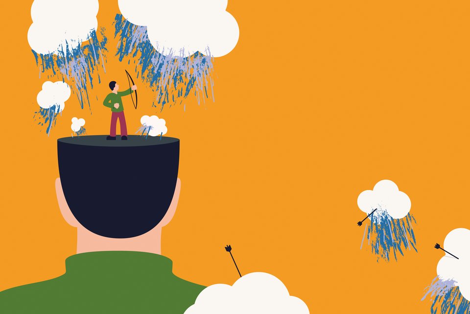 Die Illustration zeigt einen Mann mit einem Bogen, der auf einem Kopf steht und Pfeile auf Regenwolken abschießt